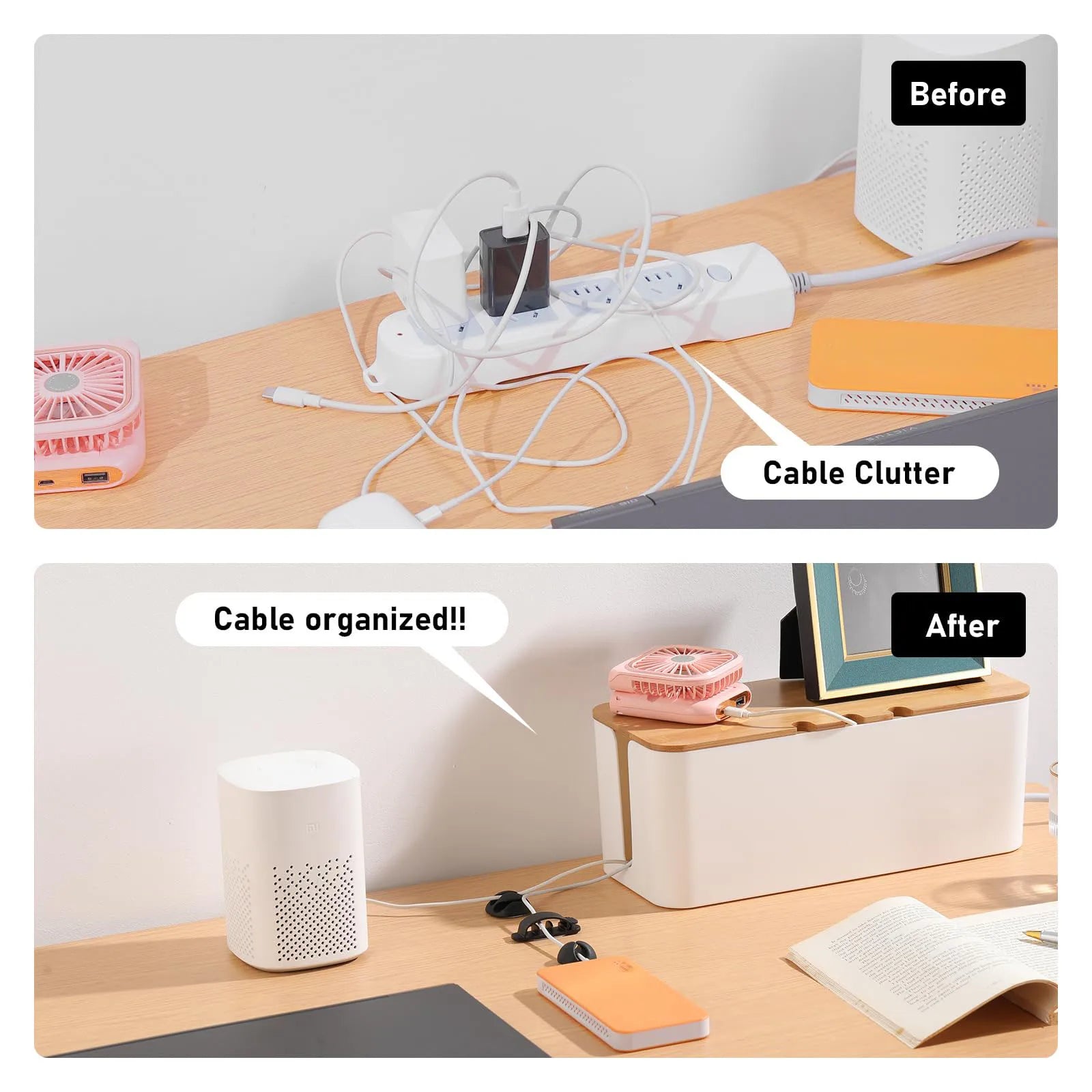 Before and after images of desk clutter, showing cables hidden inside a white cable management box