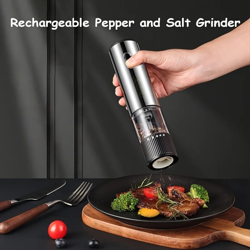 Rechargeable pepper grinder in use over a plate, demonstrating one-handed operation