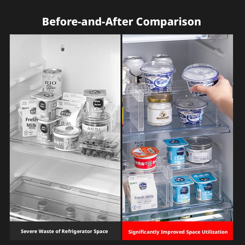 Before-and-after view showing kitchen fridge shelf space improvement with clear stackable organizer
