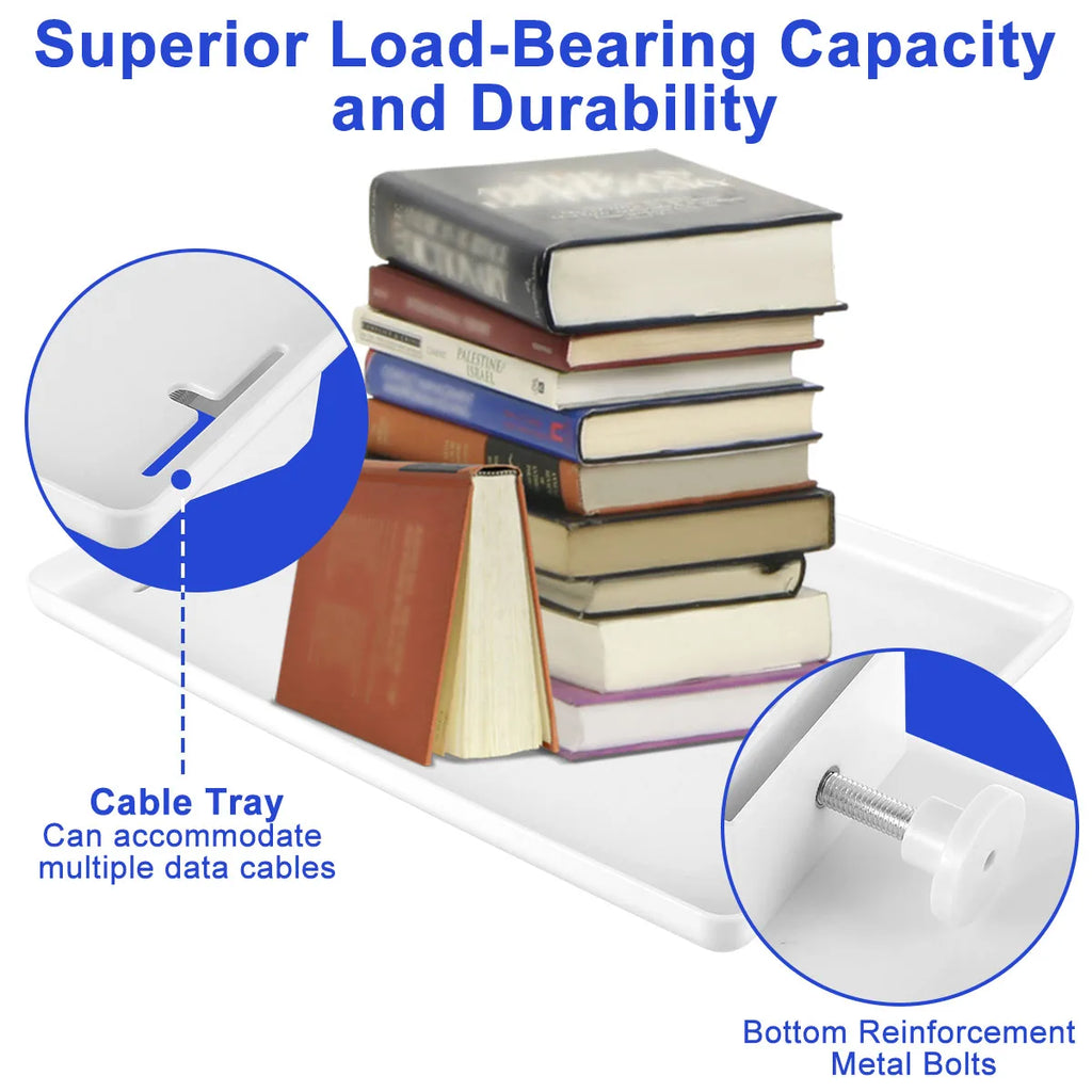 White bedside tray with books stacked on top, cable slot, and close-up of adjustable metal bolt