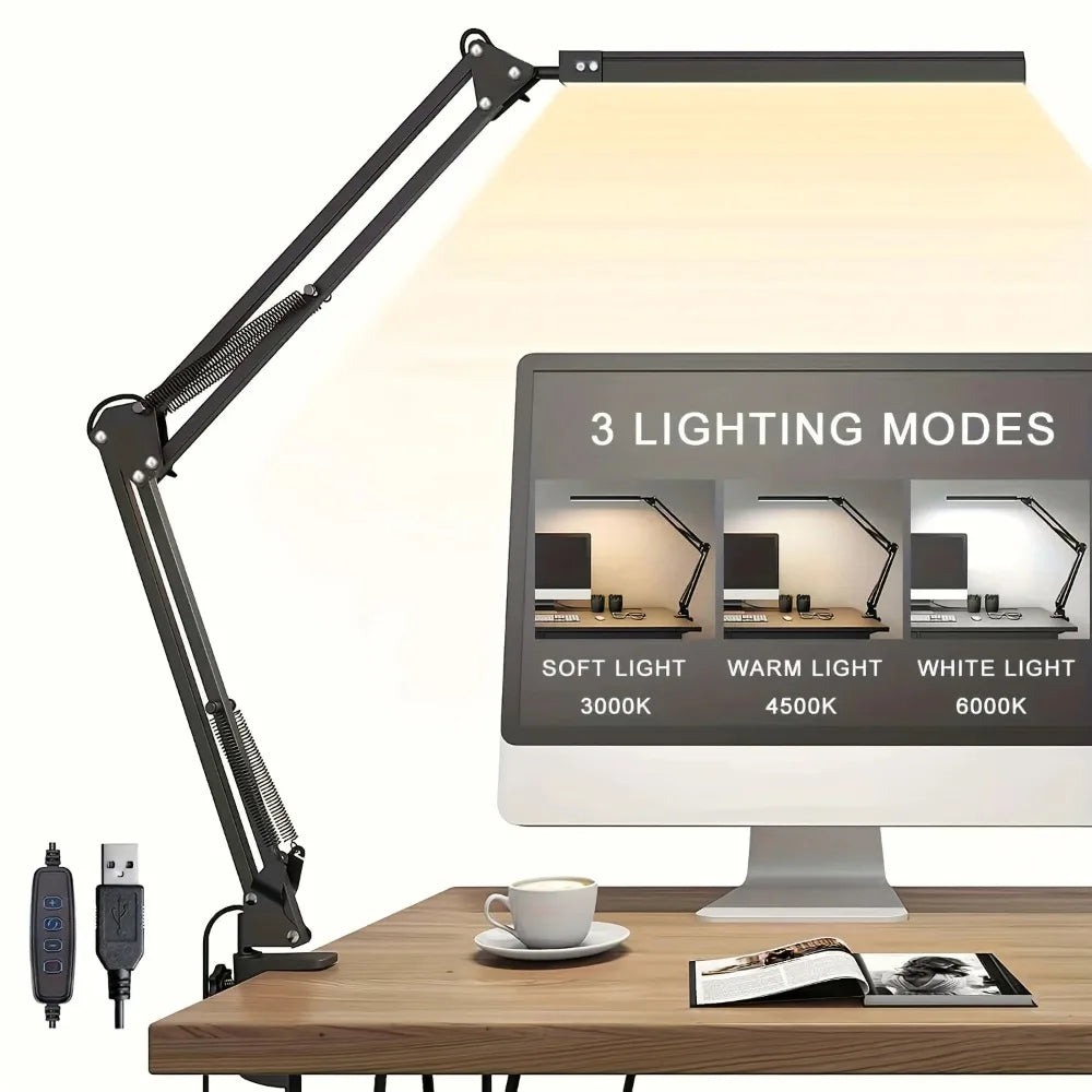 LED clamp desk lamp with touch controls and three lighting modes displayed beside a workspace