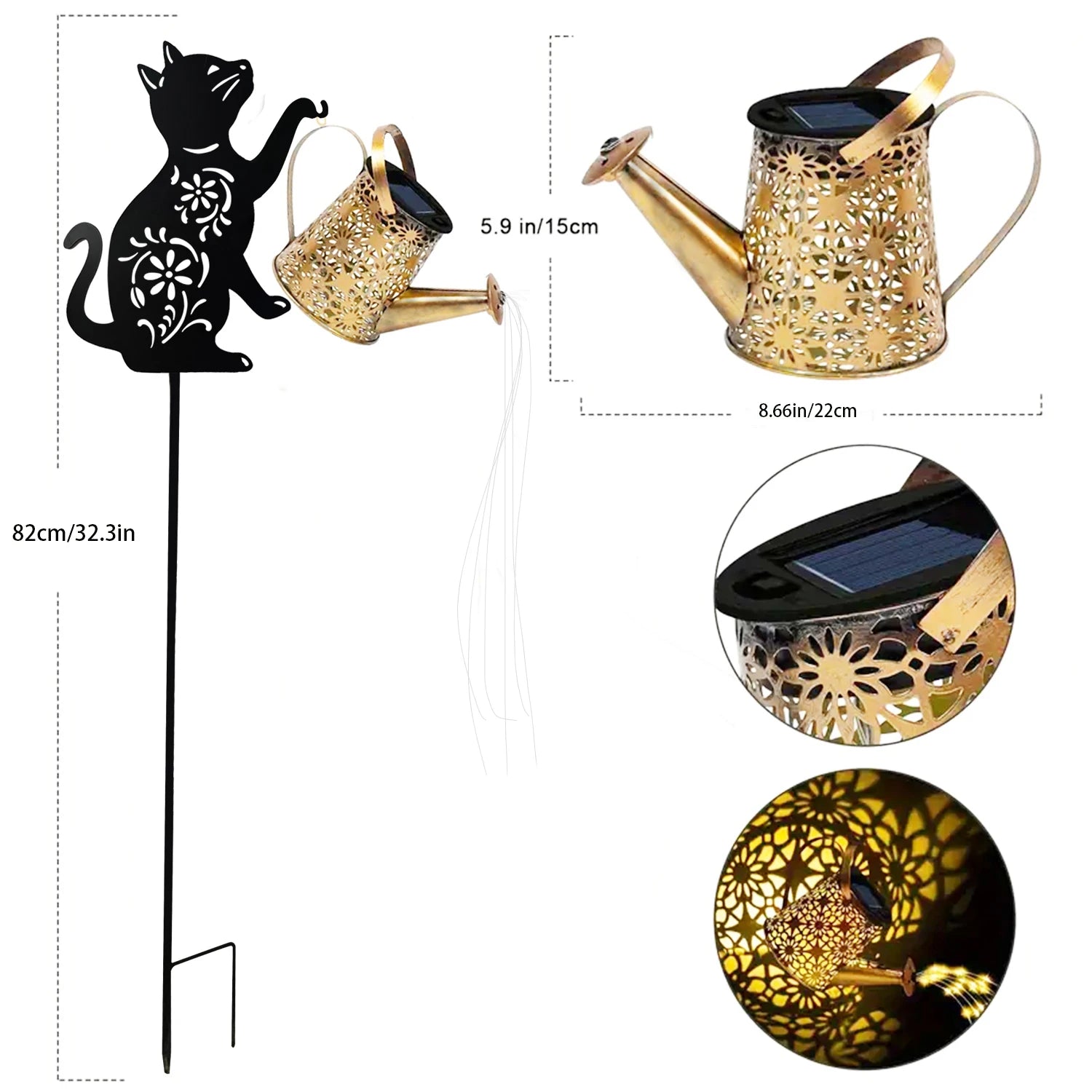 Close-up of cat silhouette solar lantern stake, with measuring details and metal watering can with solar panel