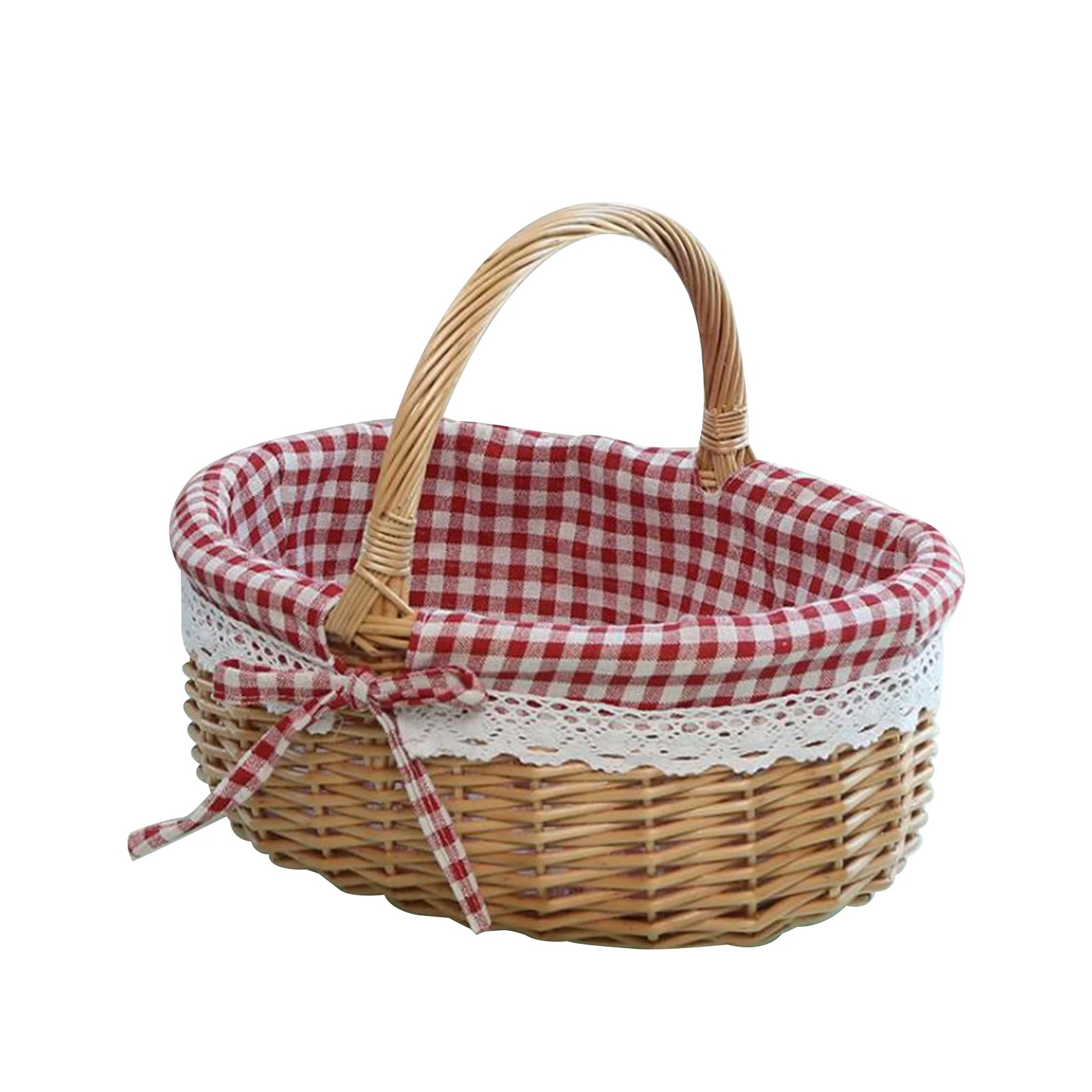 Oval rattan basket with red gingham liner and lace detail