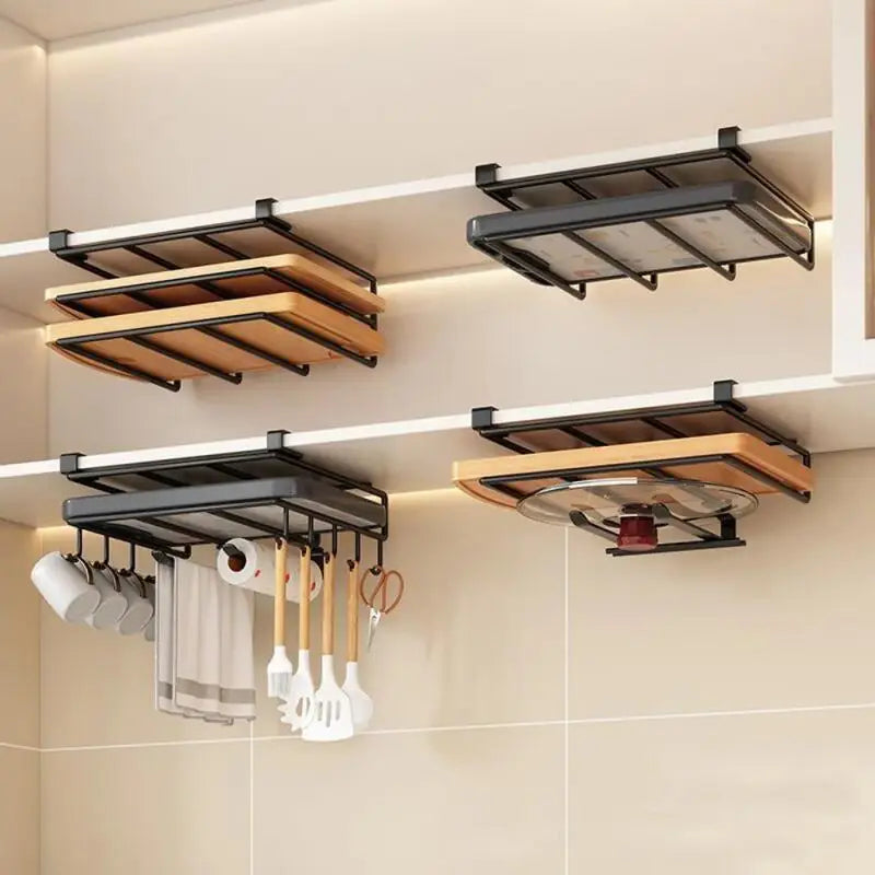 Under Cabinet Hanging Organizer Rack with Hooks for Kitchen Storage