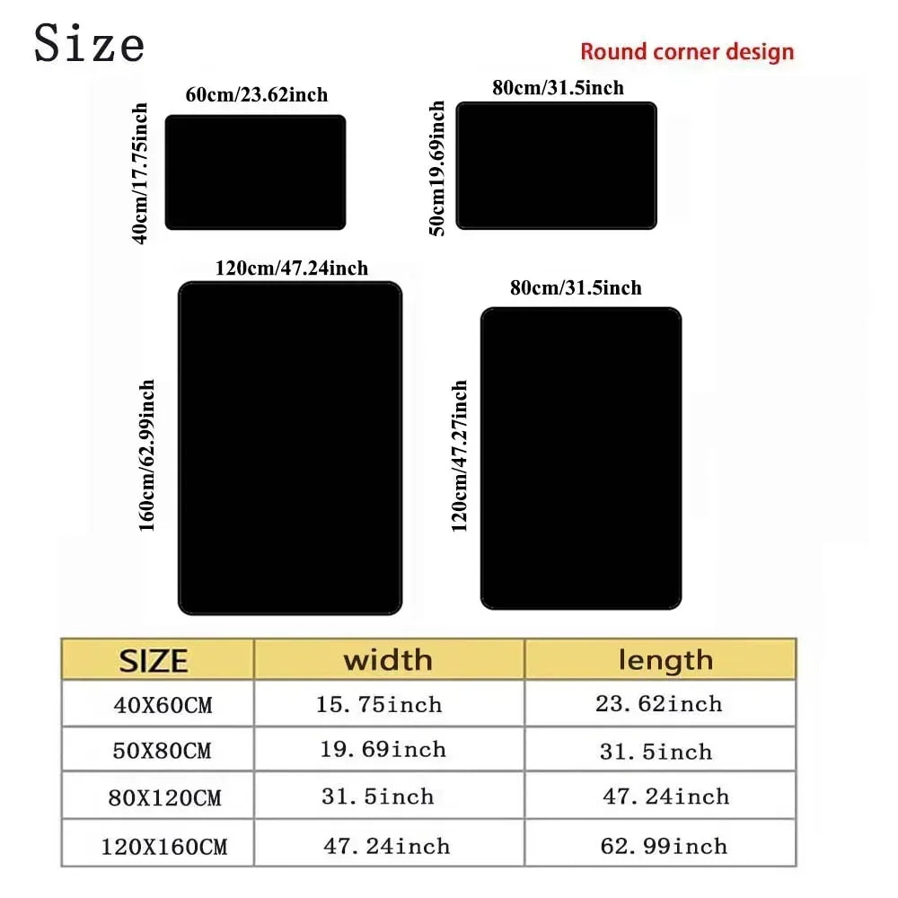 Size chart for botanical area rug showing four rectangle size options with measurements in cm and inches