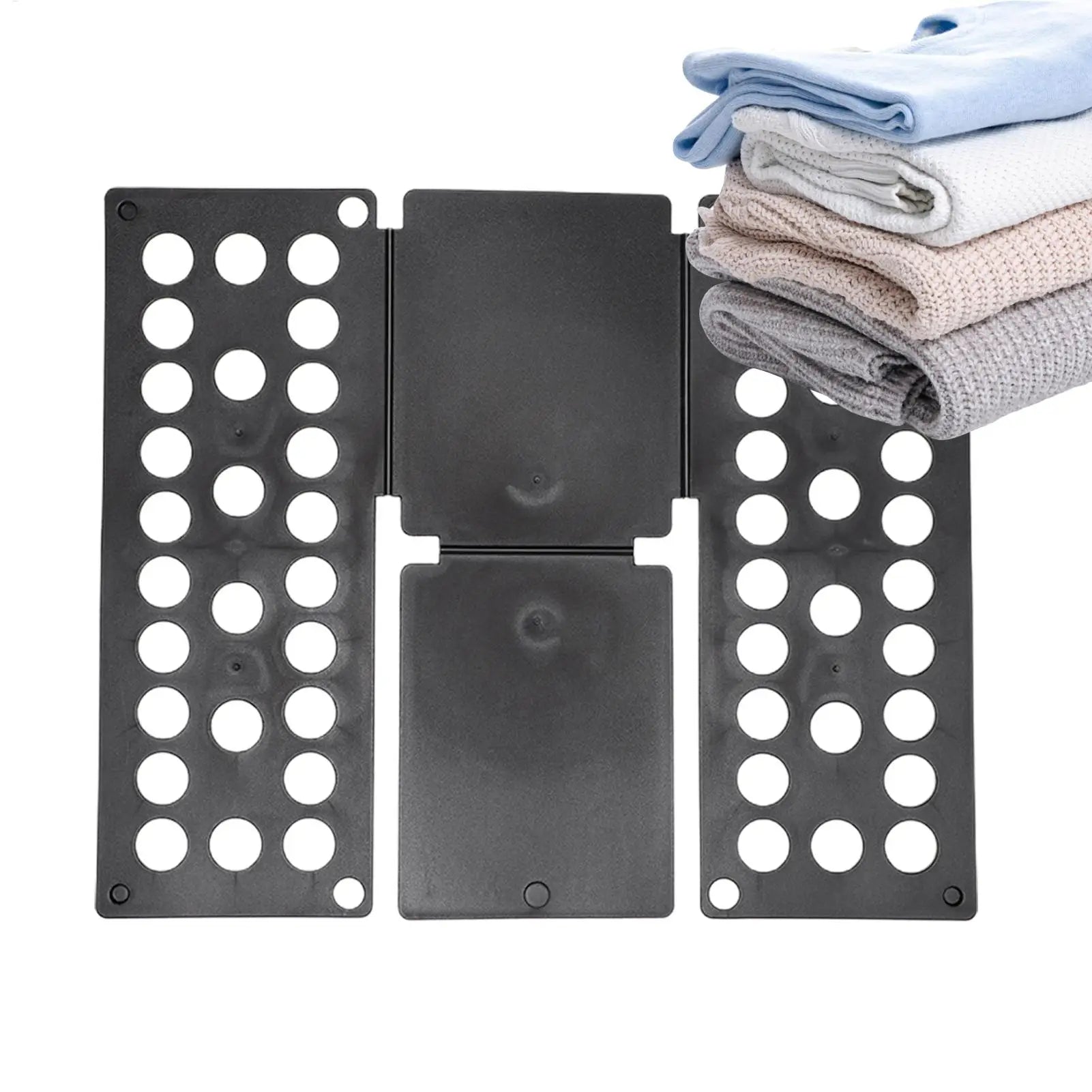 Black folding laundry board open with a stack of folded towels in soft colors