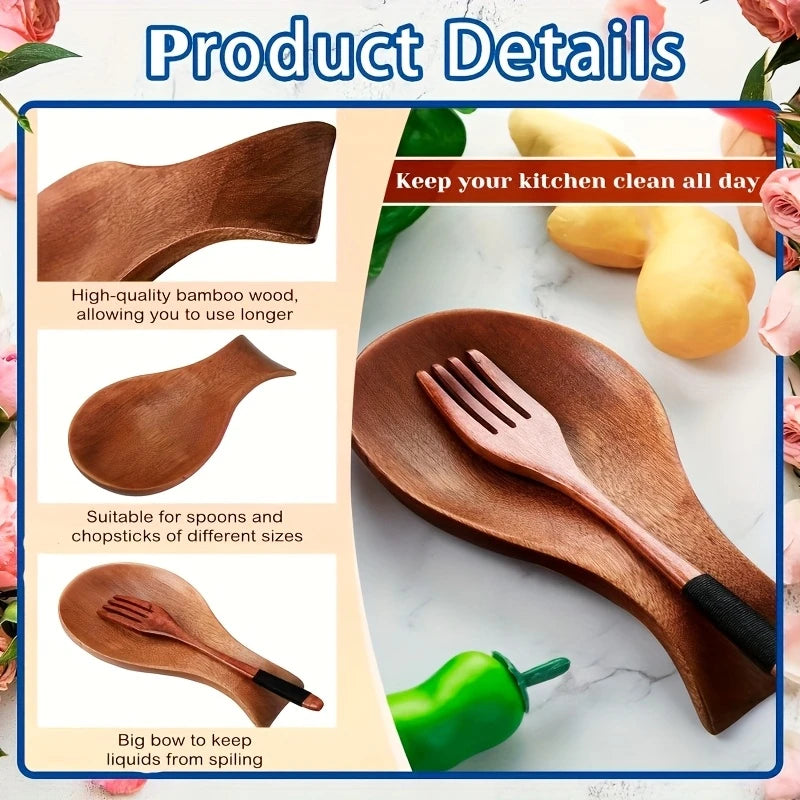Product details of wooden spoon rest, showing utensil placement and bamboo wood material