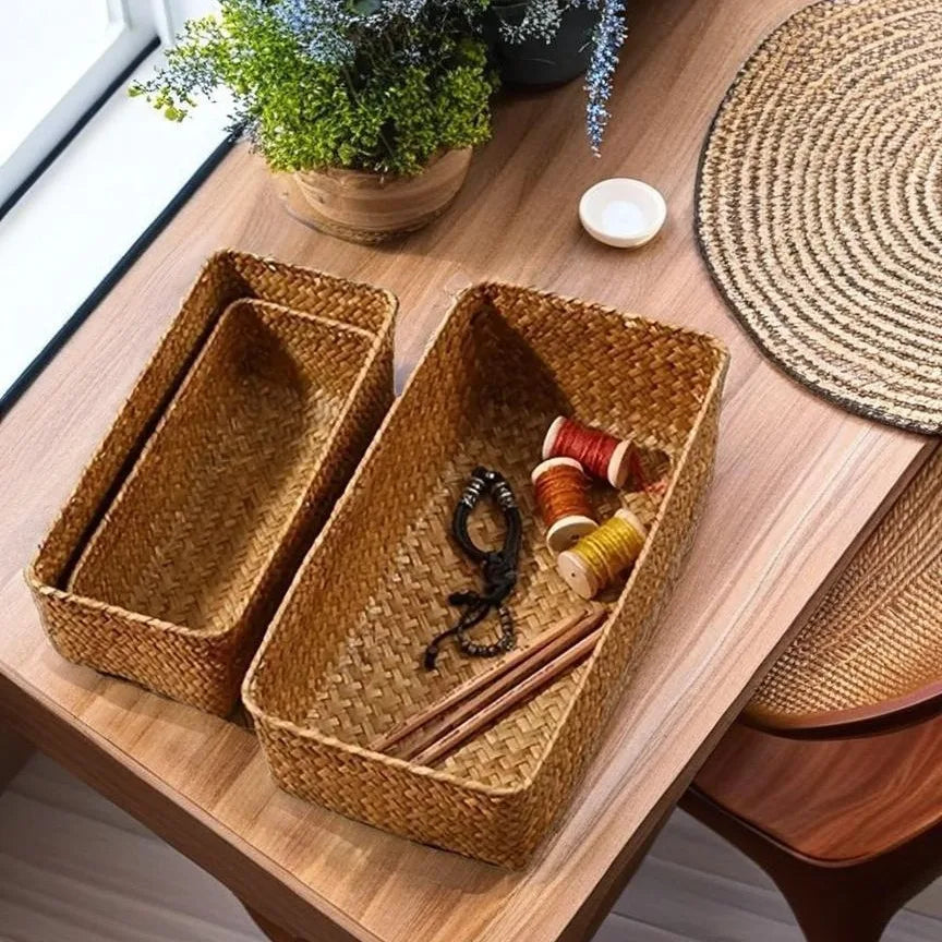 Handwoven Rectangular Seagrass Storage Basket