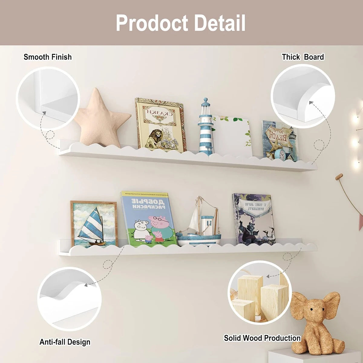Close-up of white wooden wavy wall shelf showing smooth finish, thick board, and scalloped edge