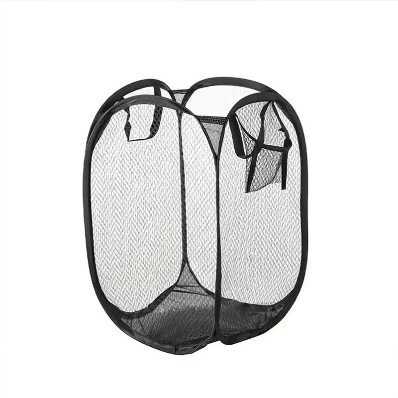 Empty black mesh foldable laundry basket standing upright
