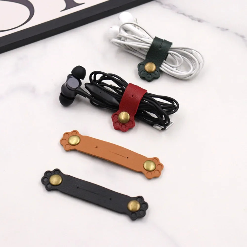Cat Paw Leather Earphone Cord Organizer Clip for Tidy Cables & Cute Desk Storage