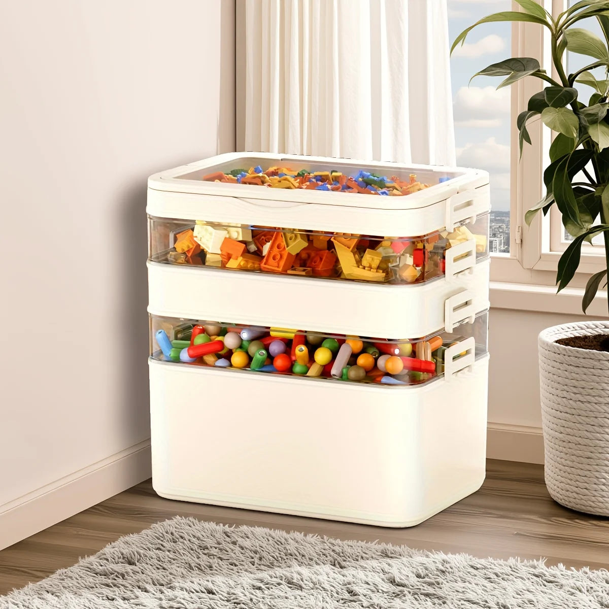 Milky white stackable storage box with three clear sections, filled with toys and blocks, placed by a window with a plant