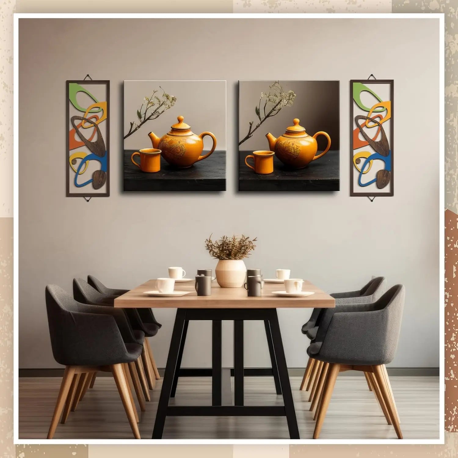 Dining area with two abstract wood wall panels flanking still life art over a table setting