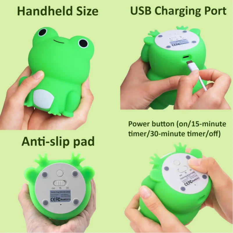 Handheld frog night light showing USB charging and anti-slip pad