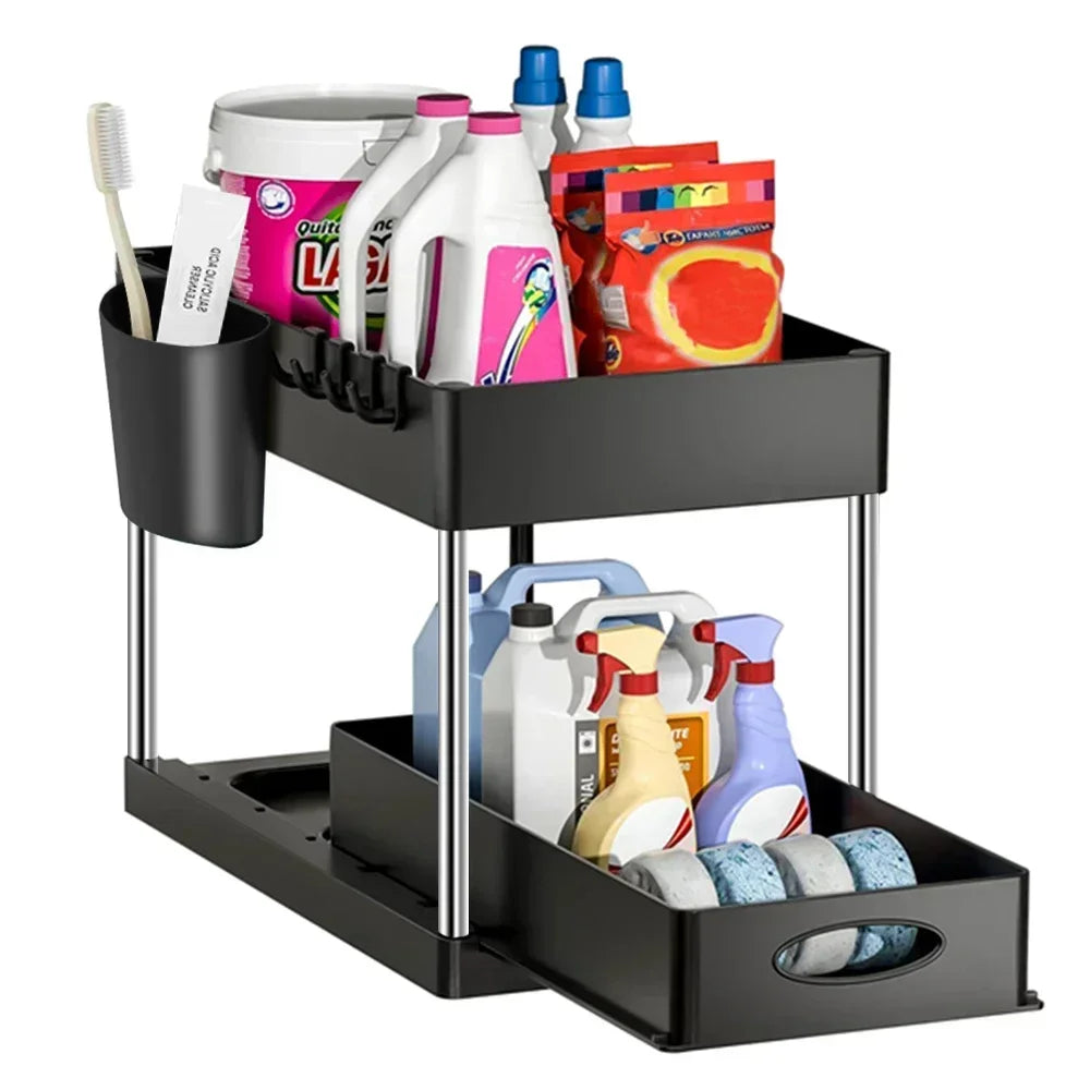 2-Tier Sliding Under Sink Organizer with Hooks for Kitchen & Bathroom
