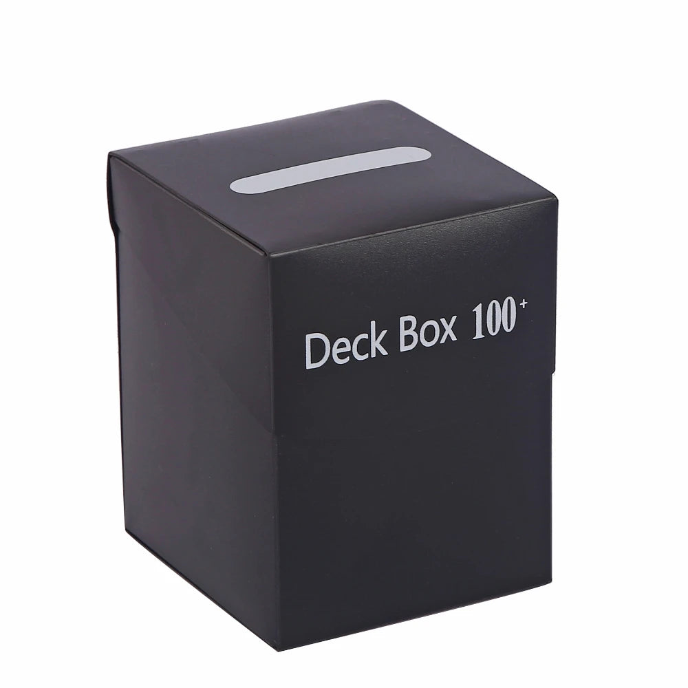 Black card deck storage box labeled 'Deck Box 100+' shown closed on white background