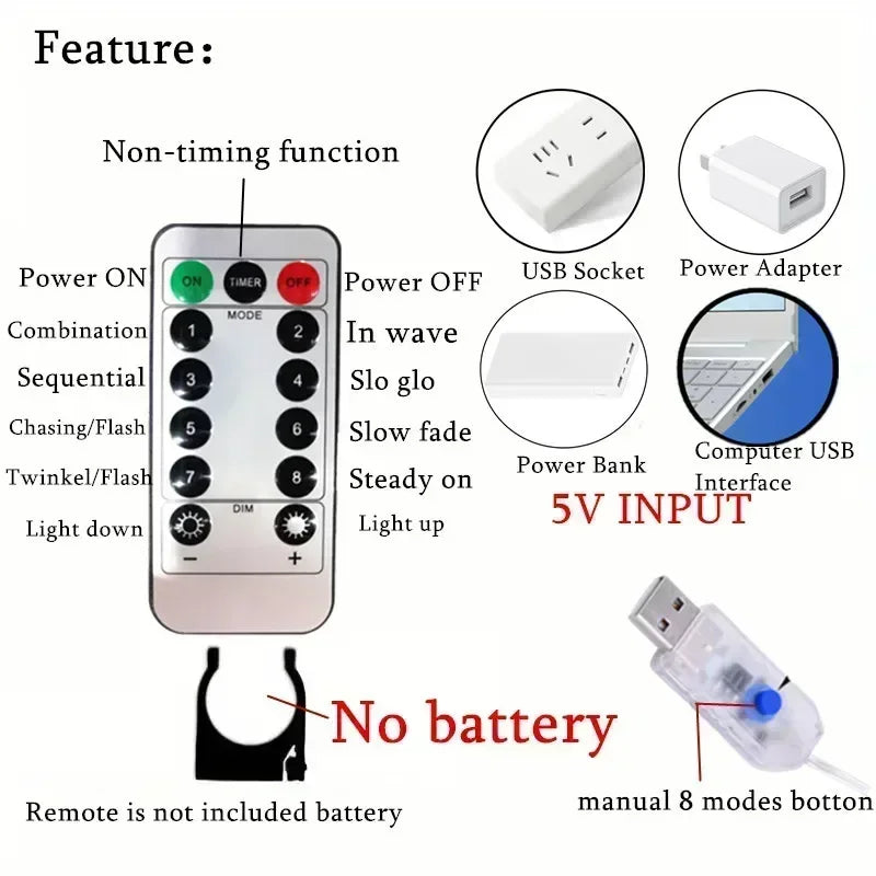 Close-up of the remote and USB plug for curtain fairy lights showing lighting mode options