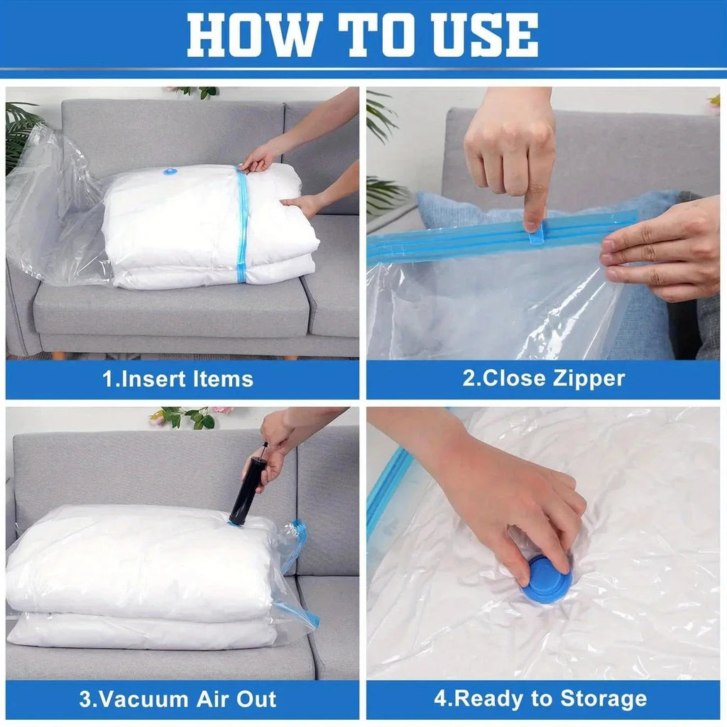 Step-by-step guide showing how to use vacuum storage bags for home storage