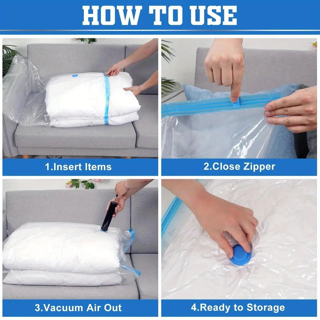 Step-by-step guide showing how to use vacuum storage bags for home storage