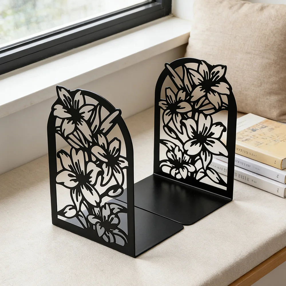 Haven Floral Metal Bookends – Decorative Book Supports for Shelves & Desks