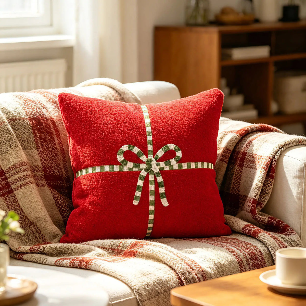 Gift Bow Teddy Velvet Throw Pillow Cover for Christmas Living Room or Bedroom, Square 45x45cm, Red or Beige