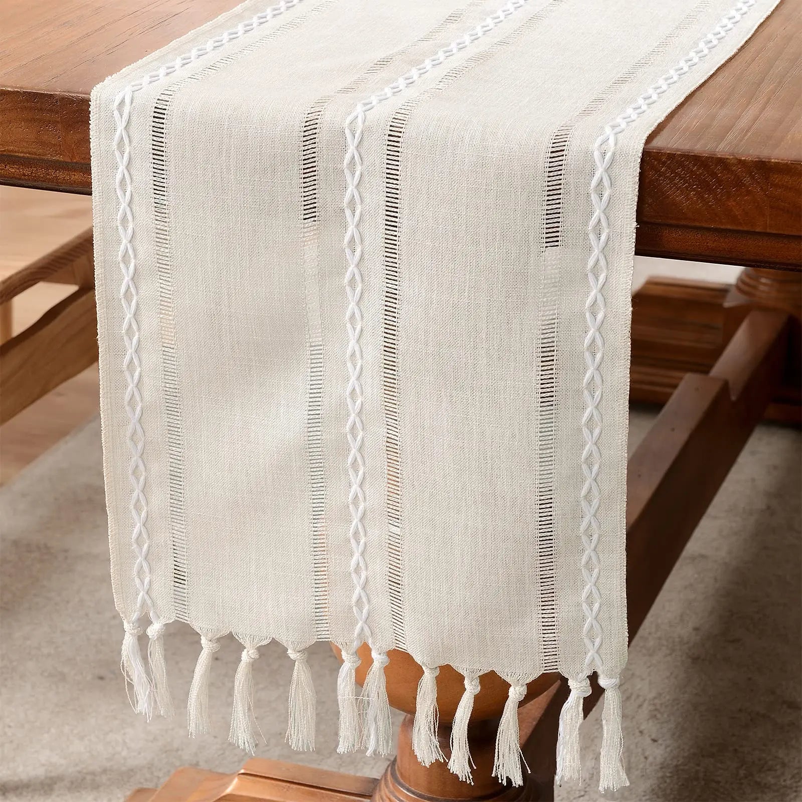 Hemstitched Linen Table Runner with Tassels