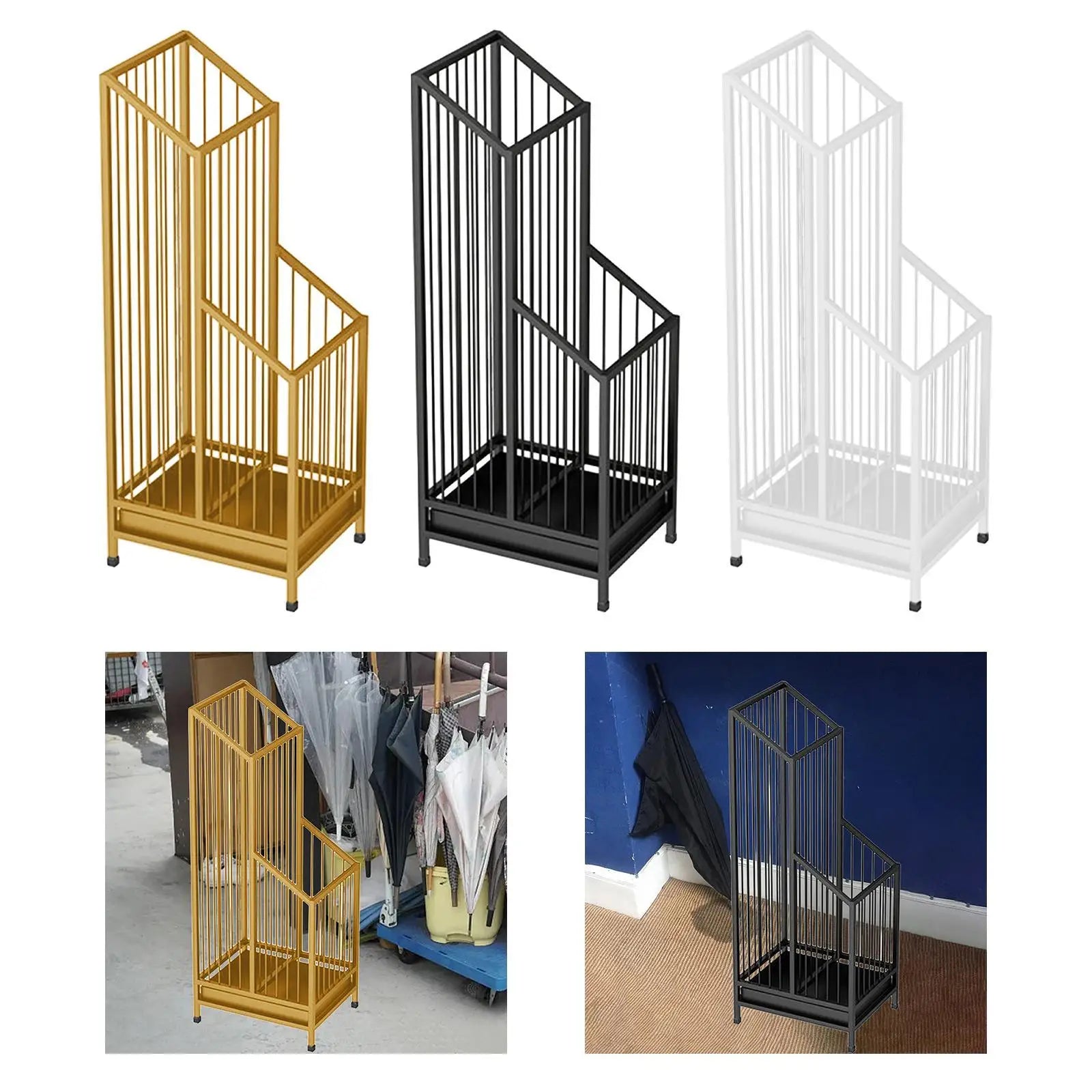 gold, black, and white umbrella stands with in-use photos in entryway and office