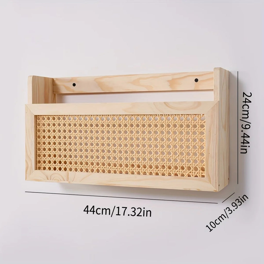 Willa Wall-Mounted Wooden Magazine & Storage Box with Woven Rattan Detail
