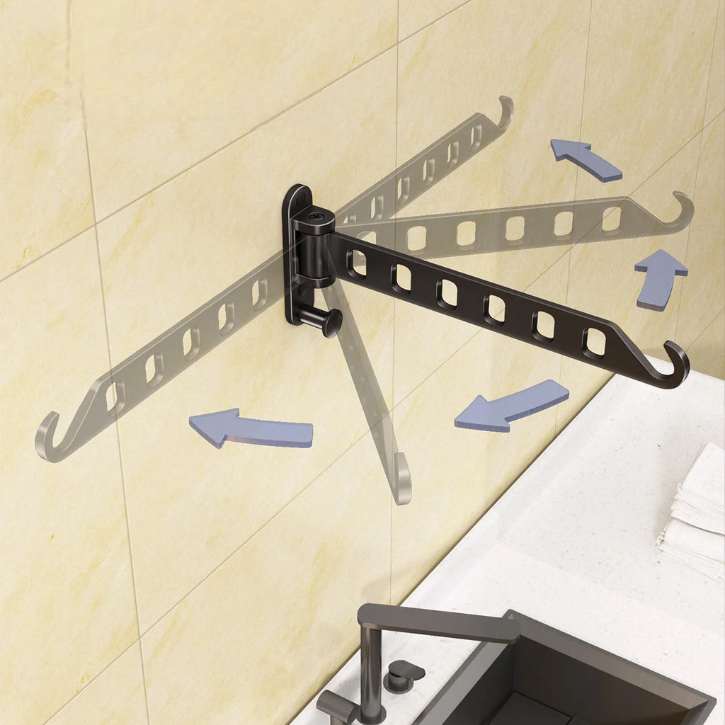 Swing arm foldable drying rack showing 180-degree rotation above a laundry sink