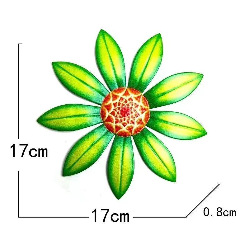 Green metal flower wall ornament showing 17cm x 17cm dimensions