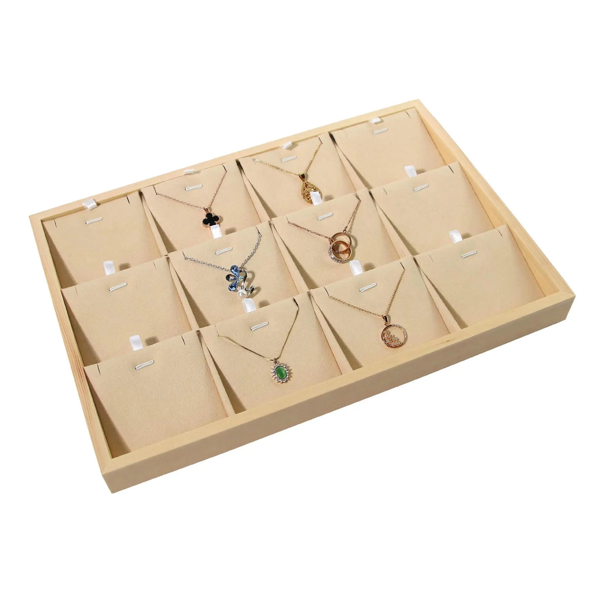 Velvet Jewelry Tray for Drawer or Dresser Organization – Beige & Apricot Wood Display with Compartments for Rings, Necklaces, Earrings