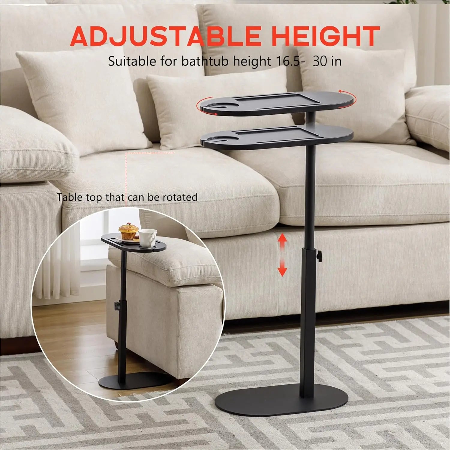 Black adjustable side table tray shown next to a beige sofa, illustrating height adjustment and table rotation features