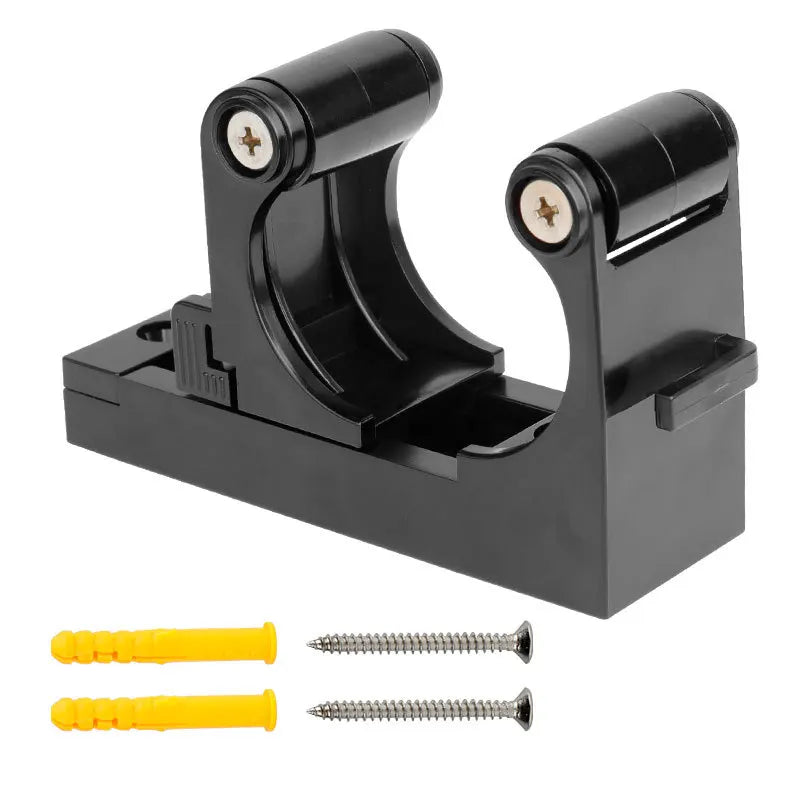 Black adjustable wall-mounted bike rack with two yellow anchors and two screws