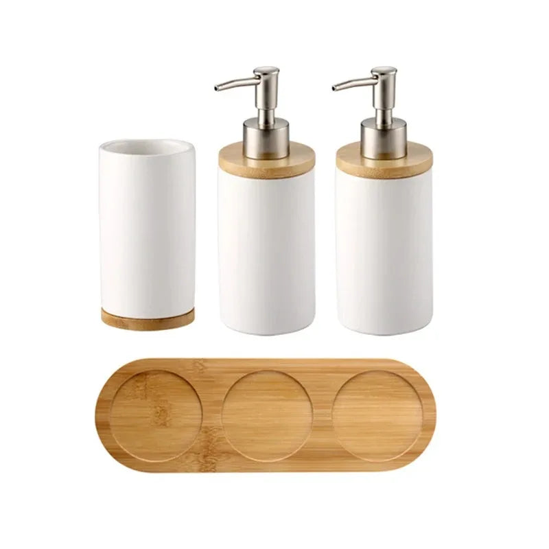 Arden Ceramic Bathroom Accessories Set with Wooden Tray – Modern Countertop Organizer for Soap and Toothbrush Storage