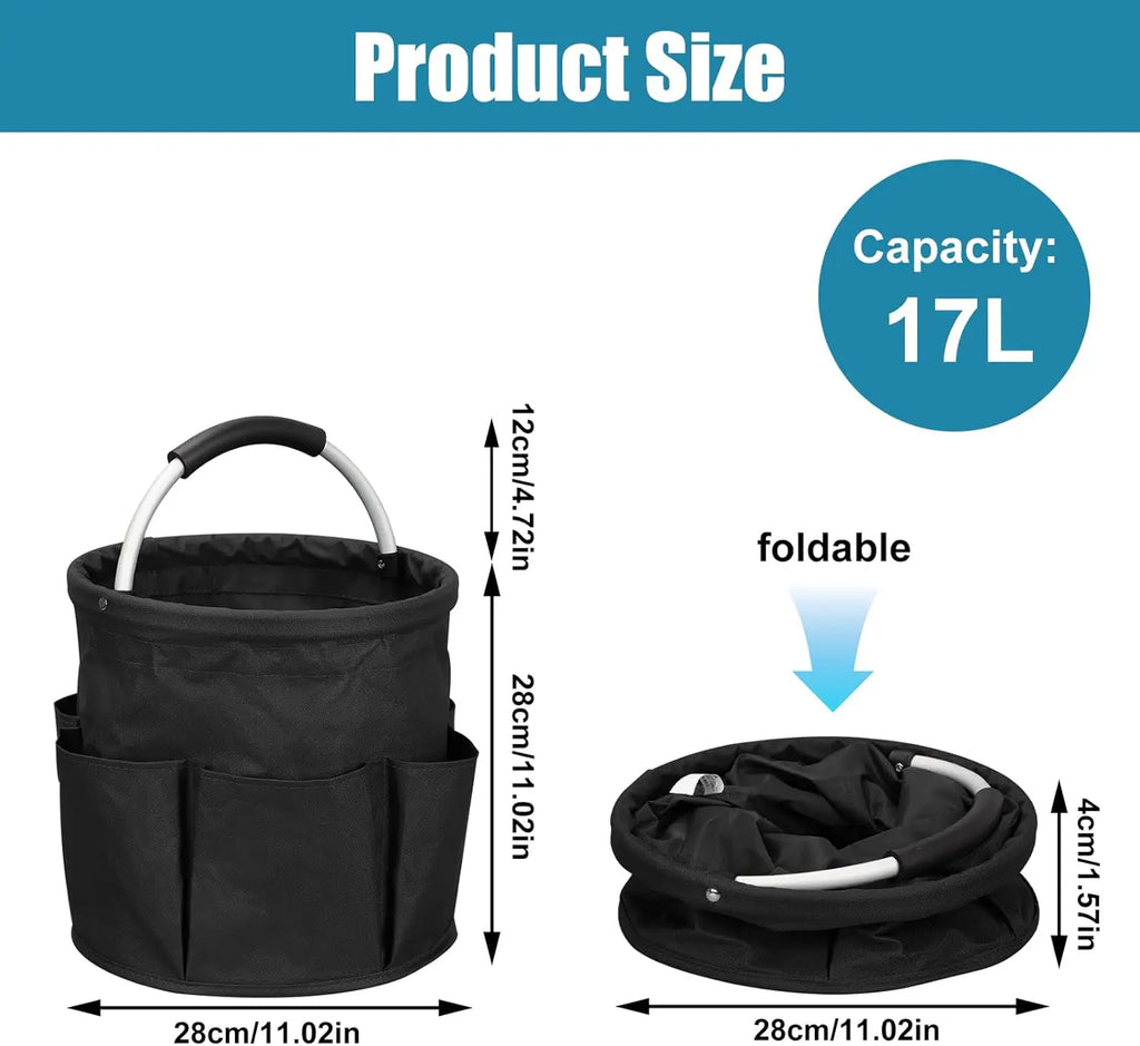 Product infographic showing size and foldable design of 17L cleaning caddy upright and flat