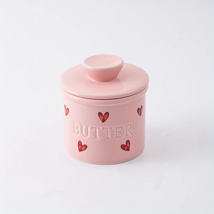 Elise Pink Ceramic French Butter Crock with Lid & Butter Knife for Kitchen Counter