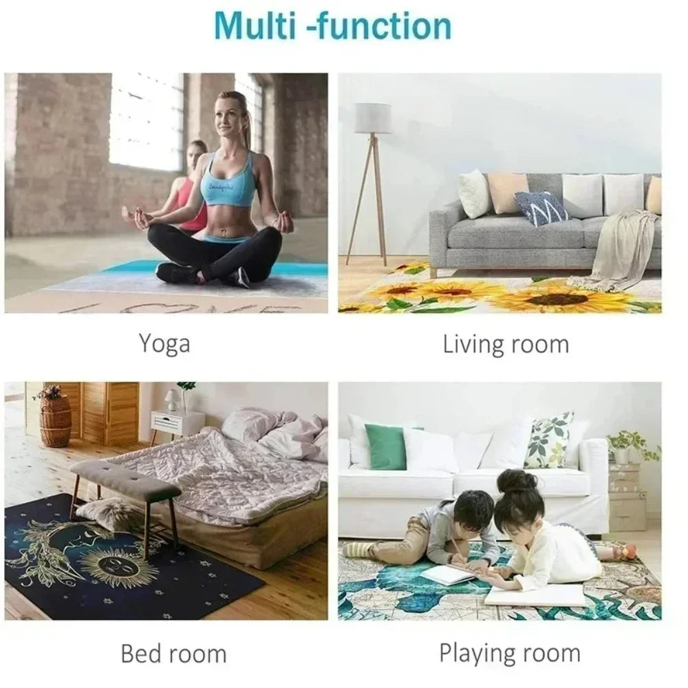 Interior lifestyle images showing rug use in yoga, living room, bedroom, and playroom