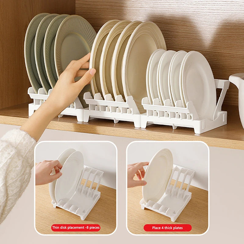 Vertical white plate organizer rack holding dishes in a kitchen cabinet and on tabletop, shown with examples for thin and thick plates.