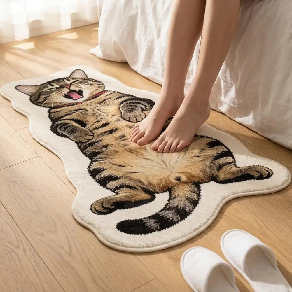 Long cat-shaped plush rug with yawning striped cat design beside bed with person standing