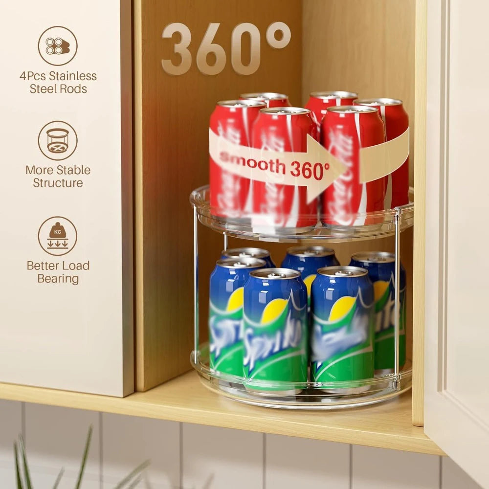 Rotating 2-tier turntable holding soda cans in a cabinet, showing smooth 360-degree rotation