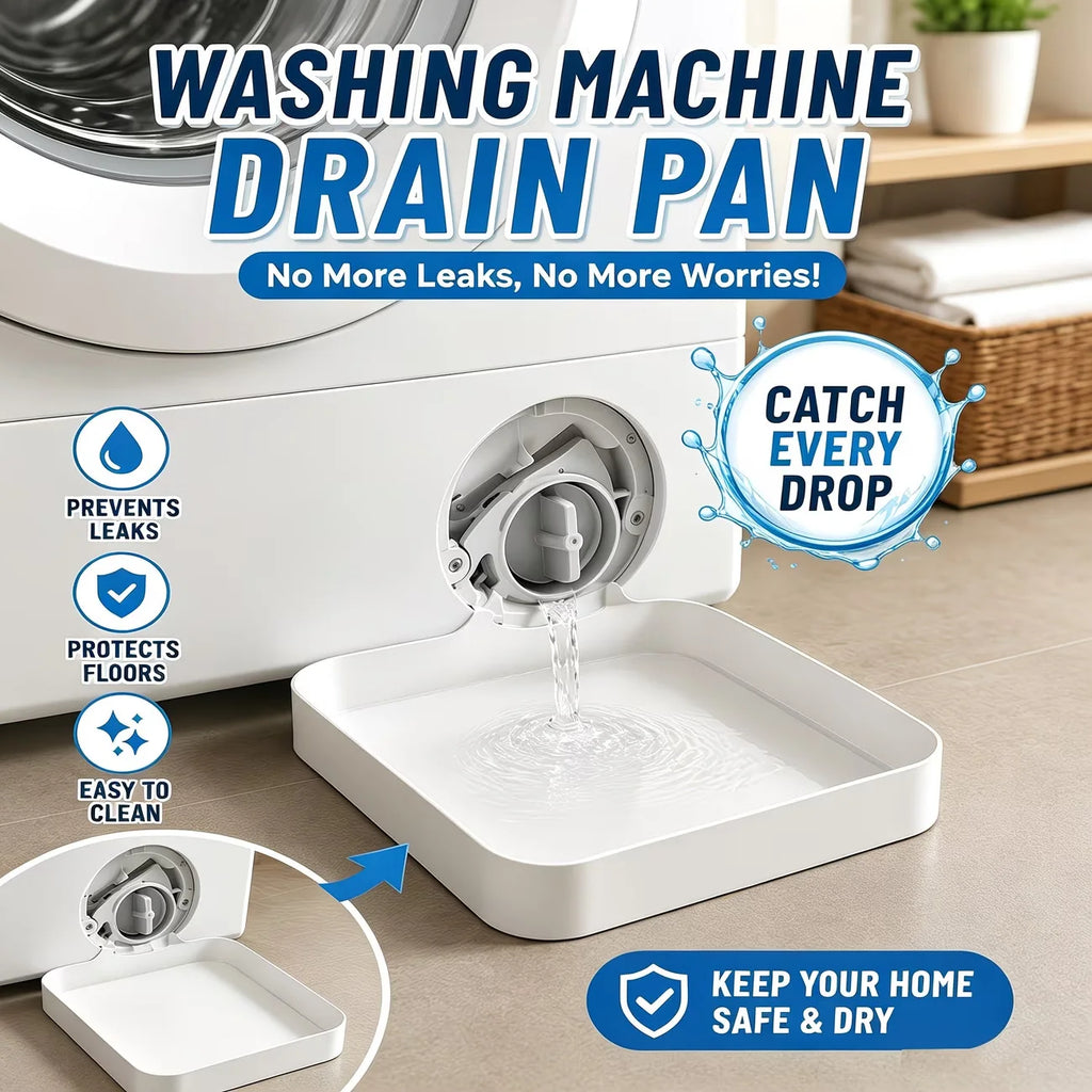 Washing machine drain pan capturing water during maintenance, with text highlighting floor protection