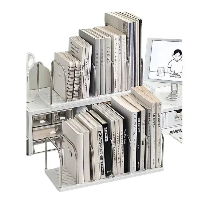 two desktop bookshelf organizers stacked with books in a minimal workspace