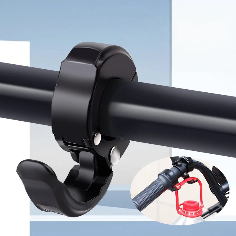 Black bike handlebar hook attached, with inset showing red hook on handlebars
