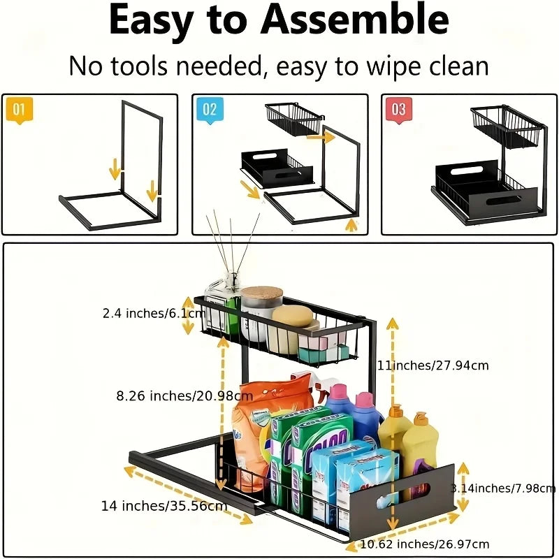 Sliding 2-Tier Metal Under-Sink Organizer for Kitchen & Bathroom Cabinets