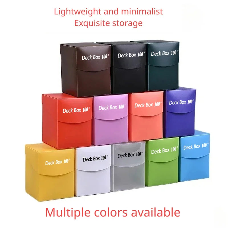 Assorted colorful card deck storage boxes, stacked and labeled as available in multiple colors