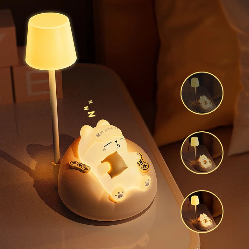 Animal night light with lamp shade on a side table, shown at different brightness levels