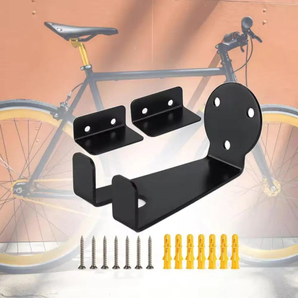 Black wall-mounted bike rack displayed in front of a bicycle and installed hardware