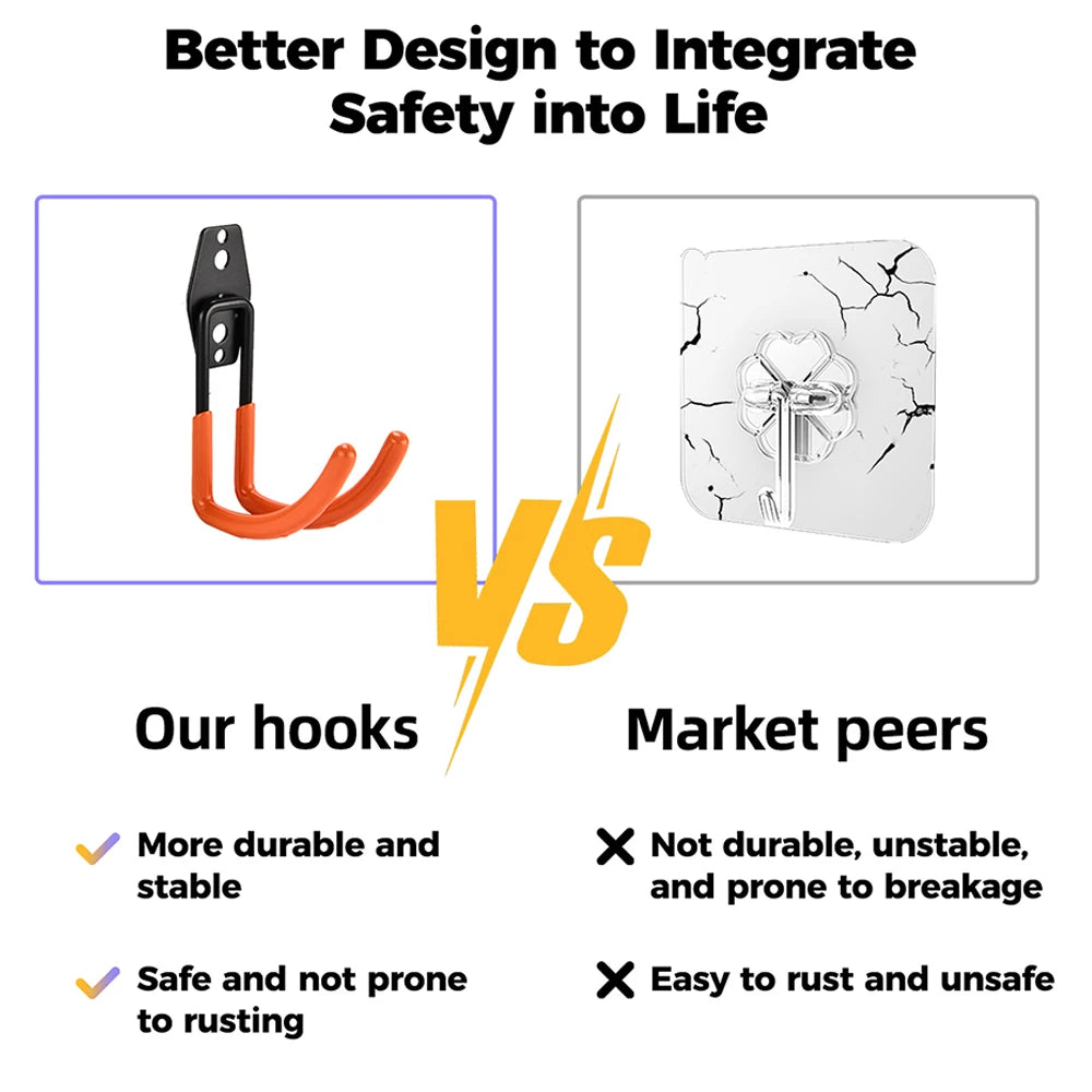 Comparison of orange iron wall hook versus stick-on hook for durability and safety