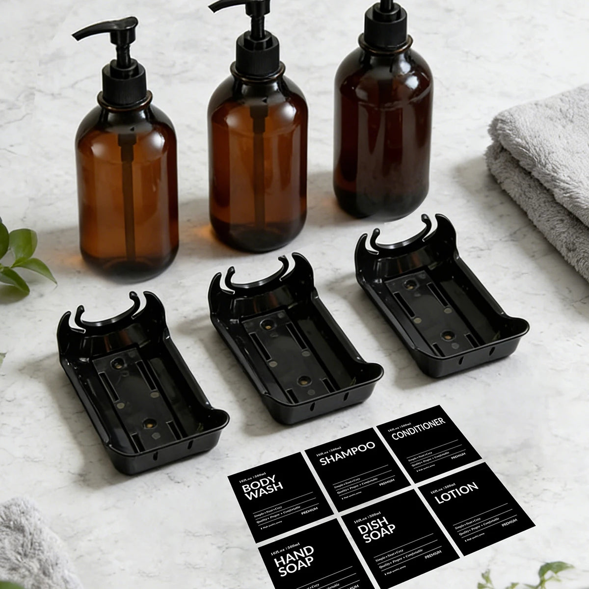 Amber Wall-Mounted Shower Soap Dispenser Set with Black Pump Bottles for Bathroom Organization