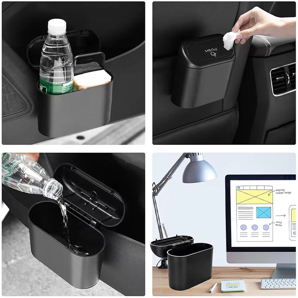 Black car trash bin shown in car door pocket, open lid for tissue disposal, and desk use